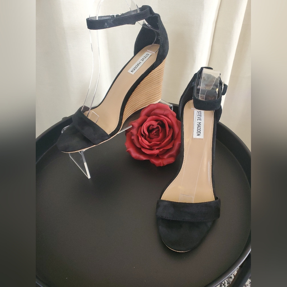Steve Madden Black Suede Ankle-Strap Wedge Sandals